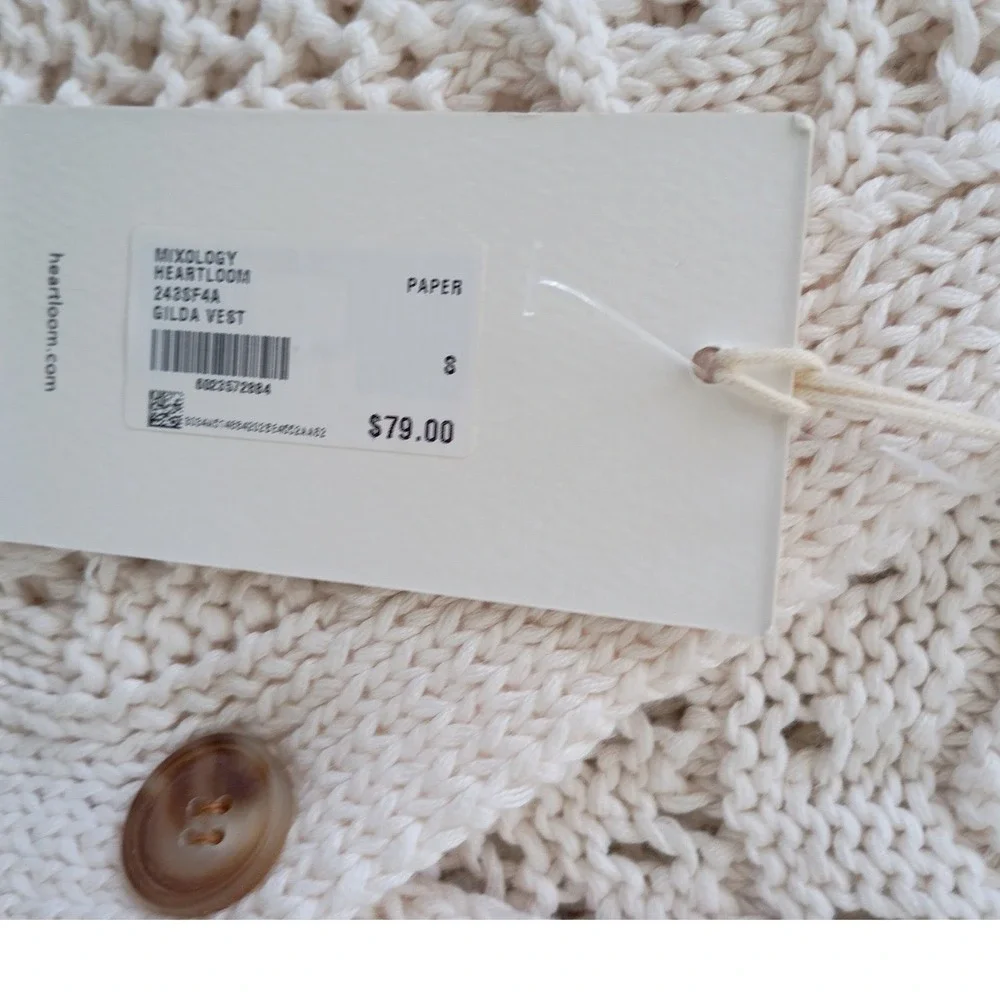 NWT Heartloom Gilda Vest Paper White Pointelle Crochet Knit Button Front S $79 - Picture 9 of 9